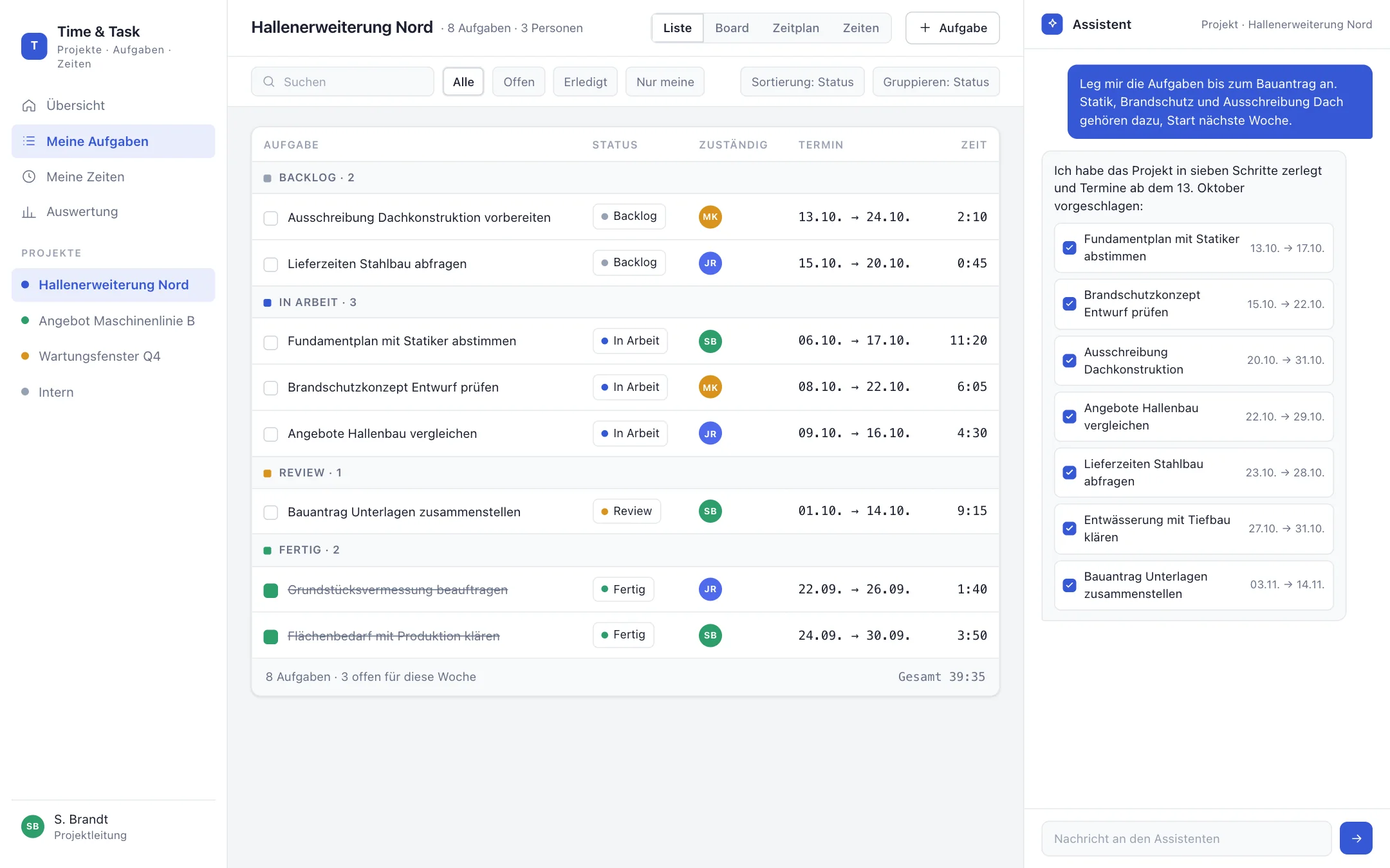 Task list of a construction project with status, owner, dates and tracked time, the assistant on the right proposing seven tasks. Reconstructed view, fictional data.